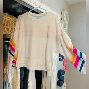 Crown & Ivy White Sweatshirt with Rainbow Sleeves